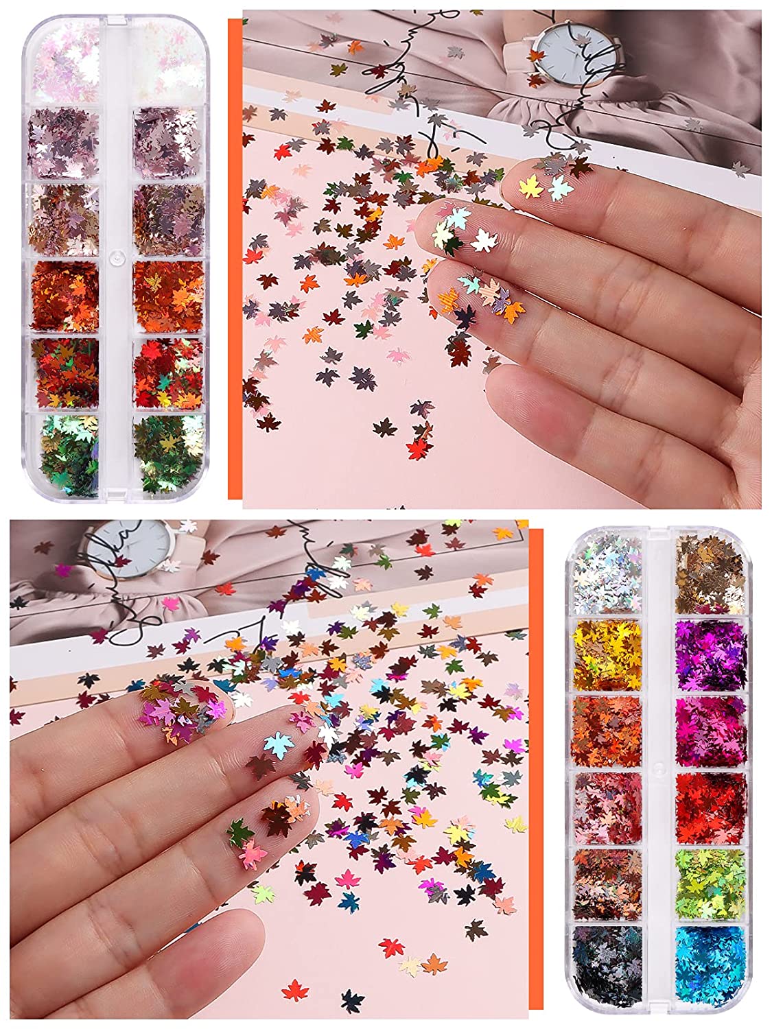 Kalolary 3D Maple Leaves Nail Art Glitter Sequins 4 Boxes (B style)