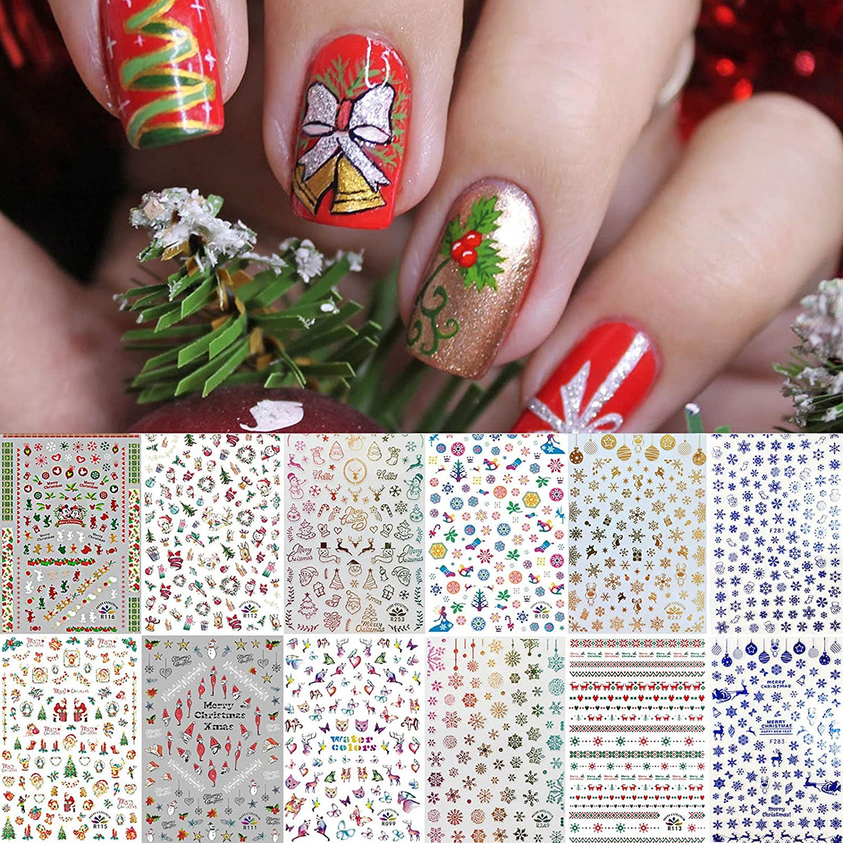 Kalolary Christmas Nail Art Stickers Decals (12 Sheet Large Size)