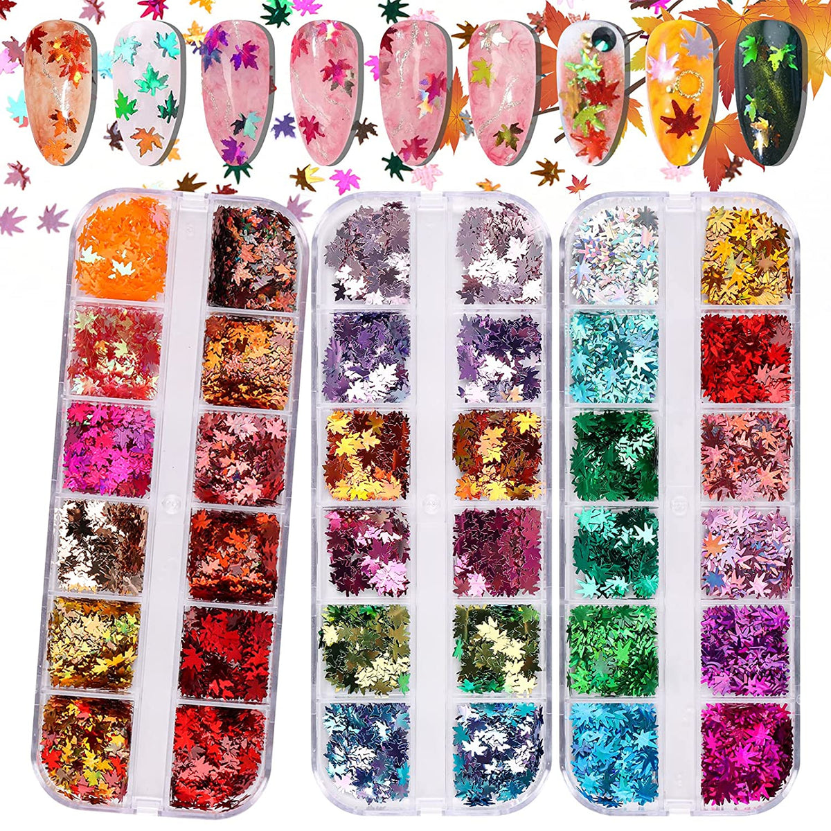 Kalolary Maple Leaves Nail Art Glitter Sequins 3 Boxes（B style）