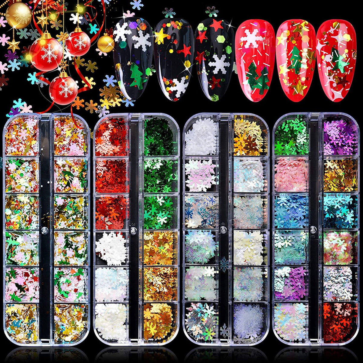 Kalolary Christmas Snowflake Nail Sequins 4 boxes（A style）