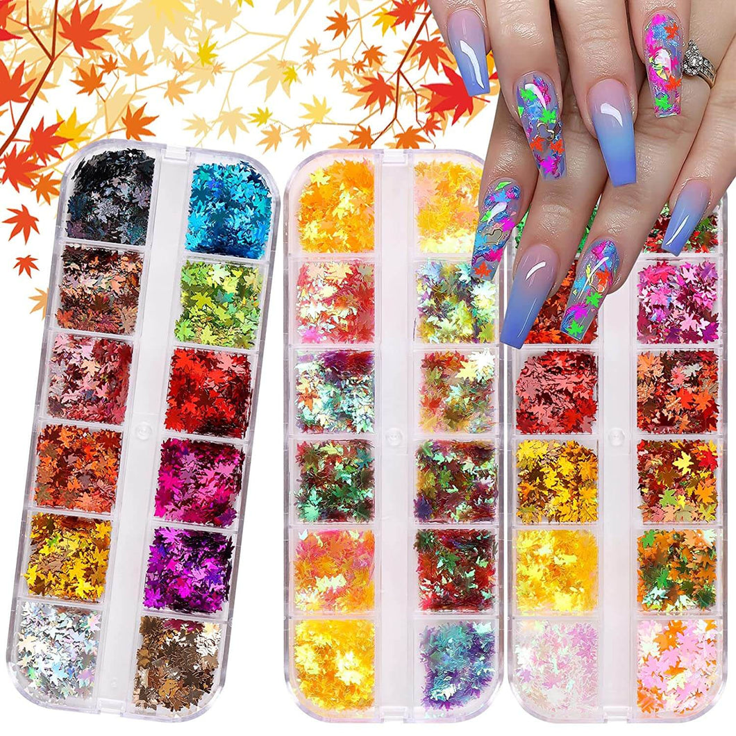 Kalolary Maple Leaves Nail Art Glitter Sequins 3 Boxes（A style）