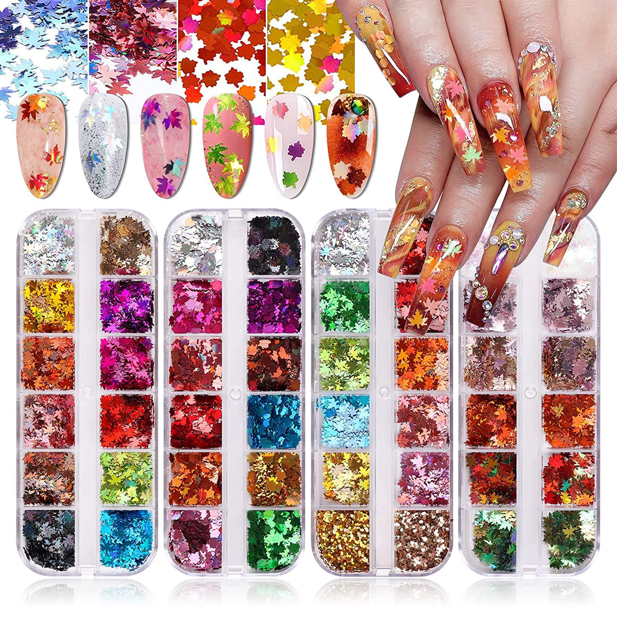 Kalolary 3D Maple Leaves Nail Art Glitter Sequins 4 Boxes (B style)