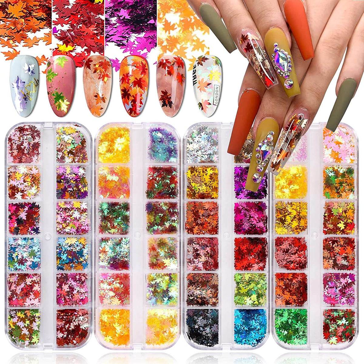 Kalolary 3D Maple Leaves Nail Art Glitter Sequins 4 Boxes (A style)