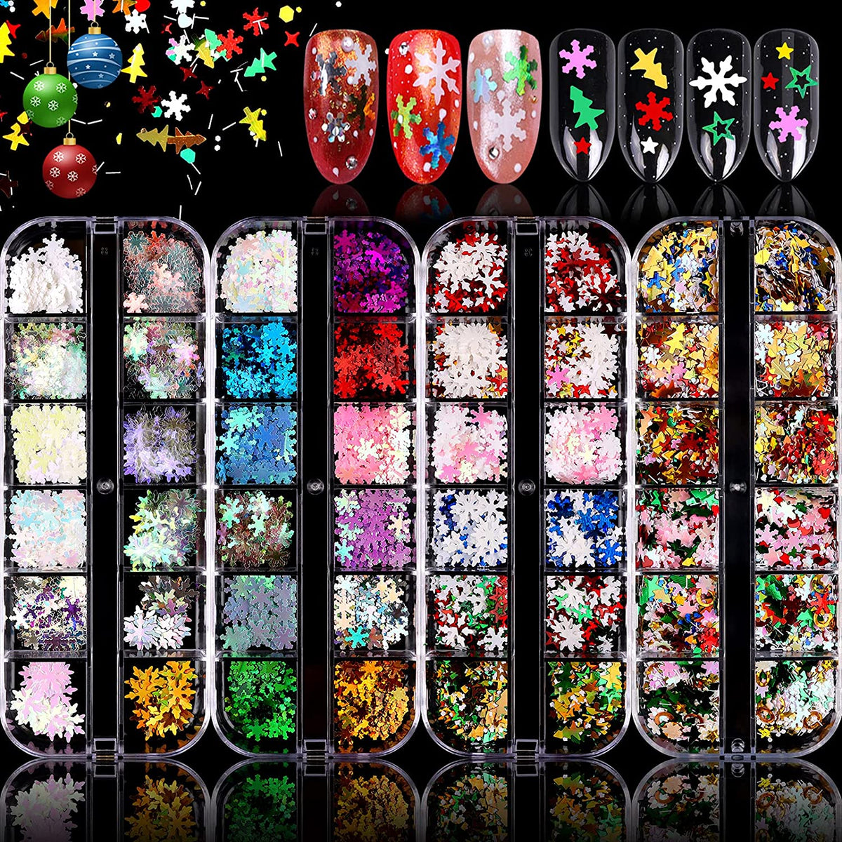 Kalolary Christmas Snowflake Nail Sequins 4 boxes（B style）