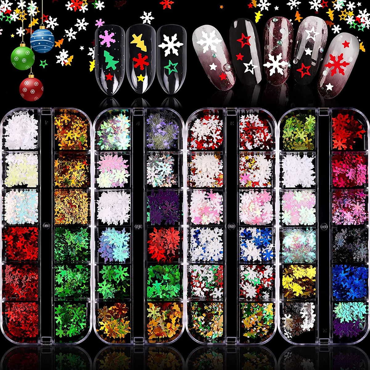 Kalolary Christmas Snowflake Nail Sequins 4 boxes（C style）