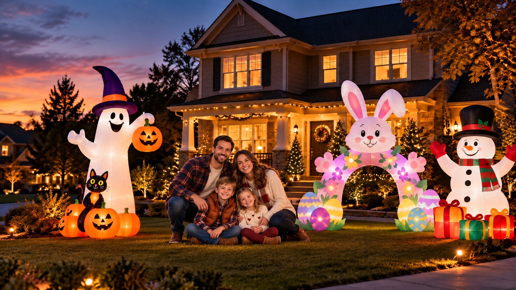 Seasonal outdoor inflatable decorations displayed in a front yard